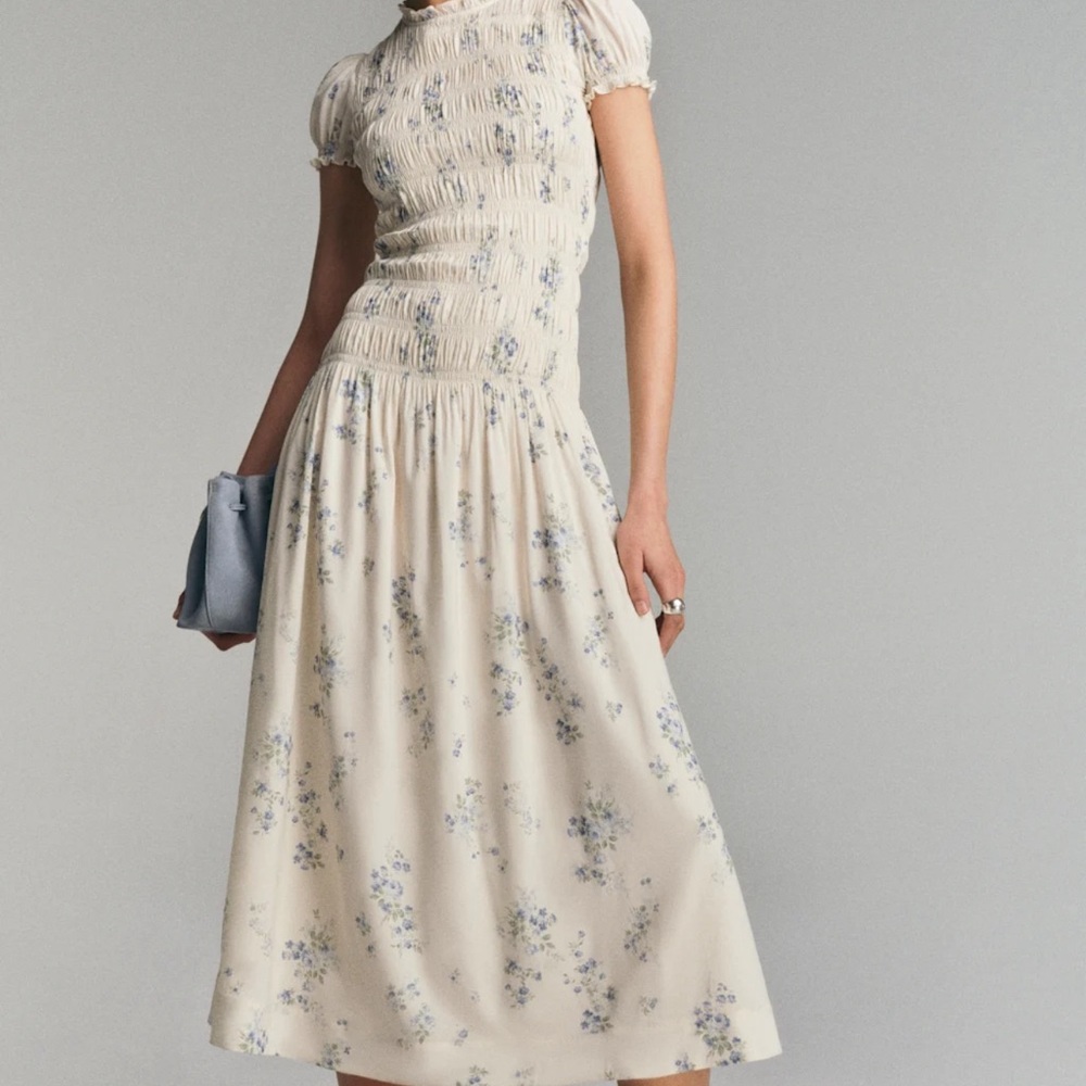 Reformation Cream Pleated Puff Sleeve Midi Dress - kiria dress